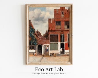 Vintage European Street Landscape Painting Rustic Print. Antique Oil Painting Street Scene. Vermeer Classic Vintage Printable Wall Art