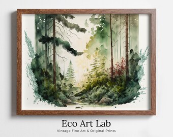 Green Forest Trees & River Watercolor Painting Print. Forest Landscape Printable. Printable Wall Art. Digital Art. Nature Decor. Forest Art