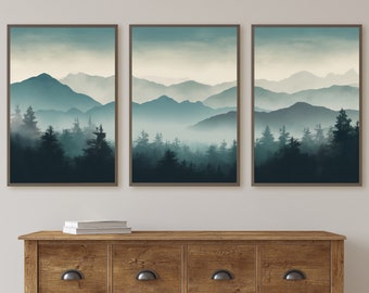 Mountain Print Set of 3. Abstract Landscape Watercolor Mountain. Nature Prints. Modern Minimal Wall Decor. Digital Pine Forest wall Art