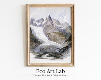 Vintage Muted Mountain Painting Landscape Digital Print. Antique Neutral Watercolor Rustic Country Printable Wall Art. Downloadable Art
