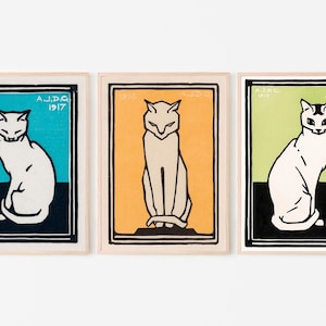 Zittende katten Set van 3 prenten vintage art nouveau prenten galerijwandset. Instant download kattenschilderijen afdrukbare muurkunst Julie de Graag