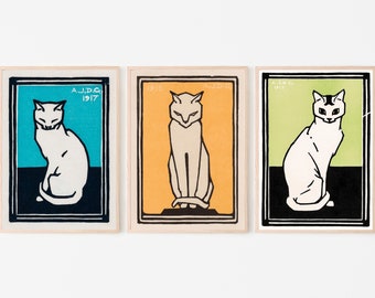 Sitting Cats Set of 3 Prints Vintage Art Nouveau Prints Gallery Wall Set. Instant Download Cat Paintings Julie De Graag Printable Wall Art