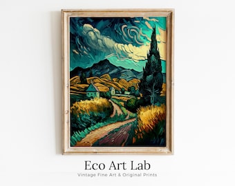 Vincent van Gogh Inspired Landscape Painting. PRINTABLE. Instant Download van Gogh Art Print Digital Painting Wall Decor. Fine Art Print