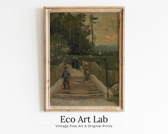 Vintage Country Painting, Rustic van Gogh Paris Print. Antique Oil Painting Country Scene Village Road Print. Vintage Landscape Wall Art