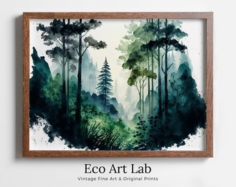 Watercolor Forest Landscape Printable. Printable Wall Art. Green Forest Trees Painting Print. Digital Art. Nature Decor. Forest Painting Art