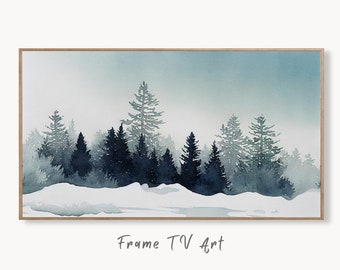 Samsung Frame TV Art 4K Watercolor Winter Forest Minimalist Landscape Painting. Instant Download Winter Art for Frame TV. Nature Art for TV