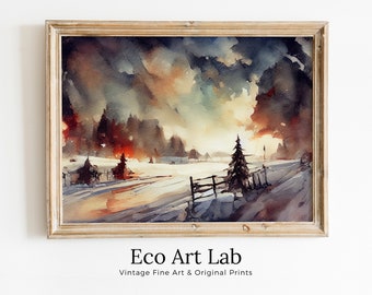 Winter Landscape Painting. Watercolor PRINTABLE Art. Snowy Sunset Rustic Country Print. Farmhouse Decor Digital Download. Vintage Style Art