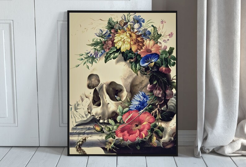 Vintage Skull Painting Printable Wall Art, Skull With Colorful Flowers, Floral Skull Print, Digital Download, Skull Wall Decor Poster image 9