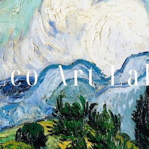 May include: A painting of a landscape with blue and white clouds, green trees, and a yellow field. The text "Eco Art Lab" is superimposed on the image.