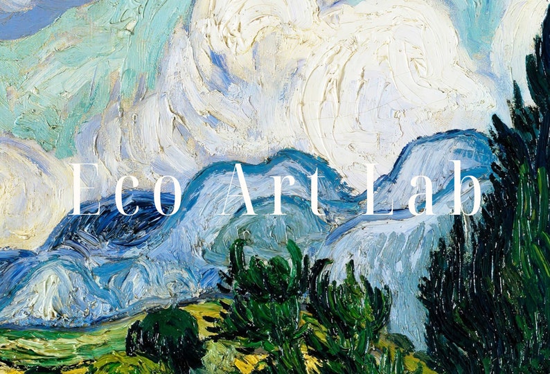 May include: A painting of a landscape with blue and white clouds, green trees, and a yellow field. The text "Eco Art Lab" is superimposed on the image.