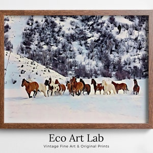 Wild Horses in Snow Digital Art Print. Horse Painting Animal Wall Art. Horse Poster Wall Decor, Horse Printable, Horse Photography