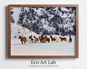 Wild Horses in Snow Digital Art Print. Horse Painting Animal Wall Art. Horse Poster Wall Decor, Horse Printable, Horse Photography