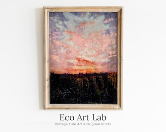 Rustic Antique Moody Abstract Sunset Oil Painting. Instant Download Printable Wall Art. Abstract Vintage Sunset Painting Digital Print