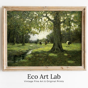 Grazing Cows Rustic Meadow Painting. PRINTABLE Antique Cow Art. Vintage Farmhouse Print. Country Landscape Painting. Vintage Landscape.