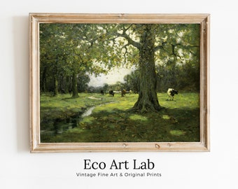Grazing Cows Rustic Meadow Painting. PRINTABLE Antique Cow Art. Vintage Farmhouse Print. Country Landscape Painting. Vintage Landscape.