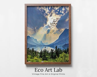 Glacier National Park Poster Instant Download Printable Wall Art. Landscape With Lake and Mountain Wall Art. Vertical Colorful Nature Print