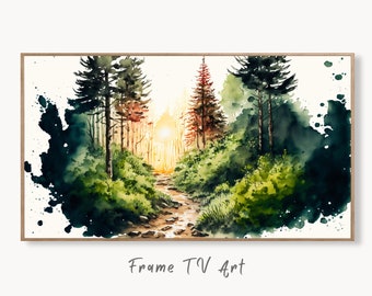Samsung Frame TV Art 4K Green Forest Landscape Watercolor Digital Painting. Instant Download Forest Art for Samsung Frame TV. Art for TV