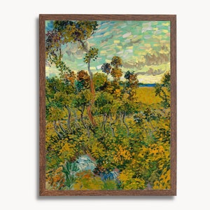 May include: A painting of a landscape with trees and a field in the background. The trees are painted in a variety of shades of green, yellow, and brown. The field is painted in a bright yellow color. The sky is painted in a light blue color with white clouds.