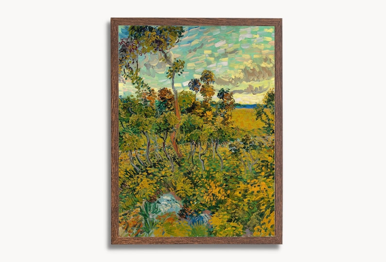 May include: A painting of a landscape with trees and a field in the background. The trees are painted in a variety of shades of green, yellow, and brown. The field is painted in a bright yellow color. The sky is painted in a light blue color with white clouds.