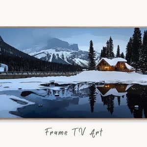 Samsung Frame TV Art 4K Cabaña de invierno en montañas nevadas. Pintura digital de paisaje. Descarga instantánea de Winter Art para Samsung Frame TV