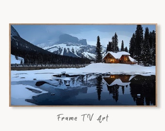 Samsung Frame TV Art 4K Winter Log Cabin in Snowy Mountains. Landscape Digital Painting. Instant Download Winter Art for Samsung Frame TV
