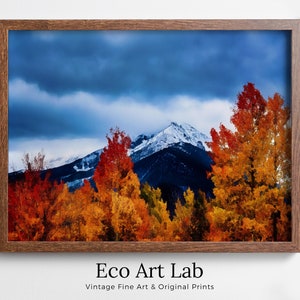 Snowy Mountain & Fall Forest Landscape Painting. Printable Wall Art. Home or Office Decor. Nature Print Digital Autumn Art. Instant Download