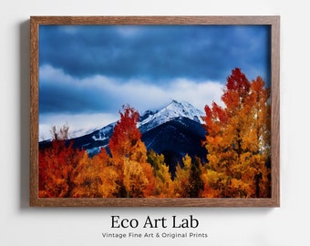 Snowy Mountain & Fall Forest Landscape Painting. Printable Wall Art. Home or Office Decor. Nature Print Digital Autumn Art. Instant Download
