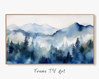 Samsung Frame TV Art 4K Blue Mountain Forest Landscape Painting. Instant Download. Abstract Forest Art for Samsung Frame TV. Art for TV