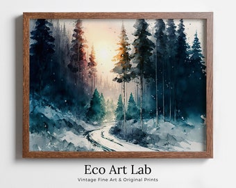 Watercolor Winter Forest Trail Landscape Printable Art. Green Forest Trees Painting Print. Printable Wall Art. Digital Forest Nature Decor