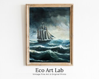 Stormy Sea with Sail Boat At Print. Printable Wall Art. Nautical Wall Decor Sailboat Print Boat Art. Digital Print, Vintage Style Boat Print