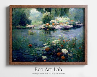 Flowers on River Monet Inspired Digital Painting. Instant Download Floral Decor. Monet Botanical Print Printable Wall Art. Abstract Decor