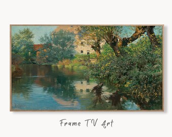 Samsung Frame TV Art 4K Creek in Spring Vintage Landscape Painting. Instant Download Spring Framhouse Landscape. Wall Art for Frame TV.