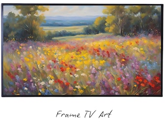 Spring Wildflowers Field Art. Original Oil Painting for Frame TV. Landscape Decor for Home Design