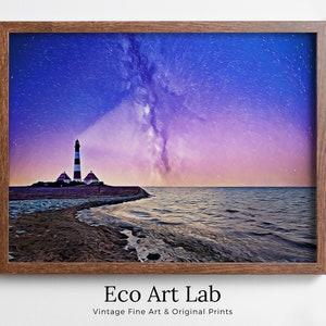 Leuchtturm bei Nacht mit Sternenhimmel Landschaft, druckbare Wand Kunst Leuchtturm Gemälde, nautische Wandkunst, Leuchtturm Poster nautisches Dekor