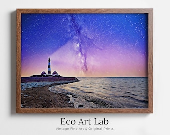 Lighthouse at Night with Starry Sky Landscape, Printable Wall Art Lighthouse Painting, Nautical Wall Art, Lighthouse Poster Nautical Decor
