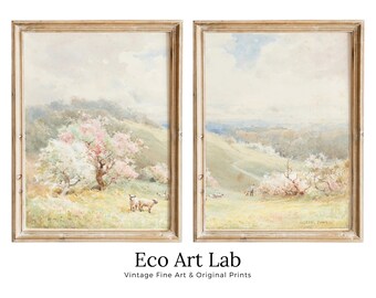 Spring Meadow Painting Vintage Landscape Print. 2 Piece Wall Art. Country Field Soft Colors Watercolor Painting. Country Art Set of 2 Print