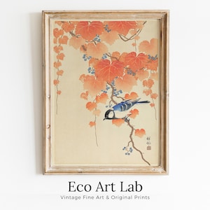 Pintura japonesa antigua. Pájaro azul en una rama. Póster imprimible de arte mural japonés. Arte mural japonés vintage del siglo XX, arte de pájaros