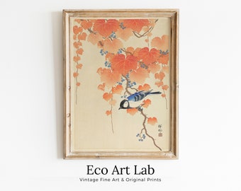 Vintage Japanese Painting. Blue Bird on Branch. Japanese Wall Art Printable Poster. 20th Century Japanese Vintage Spring Wall Art, Bird Art