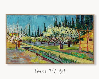 Samsung Frame TV Art 4K Orchard Bordered by Cypresses Famous Vincent van Gogh Painting. Instant Download van Gogh Landscape for the Frame TV