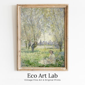 Puede incluir: Pintura de paisaje vintage enmarcada en un marco de madera clara. La obra de arte representa una escena exterior serena con árboles, vegetación y una figura en la distancia. El texto "Eco Art Lab" y "Vintage Fine Art & Original Prints" está en la parte inferior.