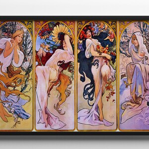May include: A vintage art print depicting four women representing the four seasons. Spring is shown as a woman with flowing blonde hair, Summer is shown as a woman with a sunflower crown, Autumn is shown as a woman with long dark hair, and Winter is shown as a woman wearing a white hooded cloak.