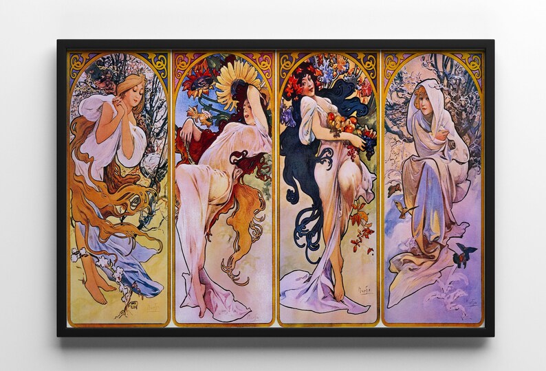 May include: A vintage art print depicting four women representing the four seasons. Spring is shown as a woman with flowing blonde hair, Summer is shown as a woman with a sunflower crown, Autumn is shown as a woman with long dark hair, and Winter is shown as a woman wearing a white hooded cloak.