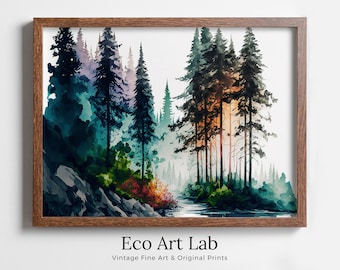 Colorful Forest Trees Painting Print. Printable Wall Art. Nature Decor. Watercolor Forest Landscape Printable. Abstract Forest Art