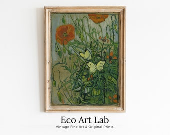 Poppies & Butterflies Famous van Gogh Painting Art Print. Instant Download. Floral Printable van Gogh Fine Art. Vintage Botanical Art.