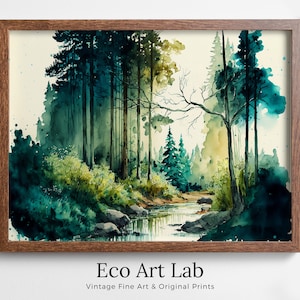 Wald & Fluss Landschaft Printable. Druckbare Kunst. Wald Bäume Aquarell Druck. Digitale Kunst. Natur Dekor. Waldkunst