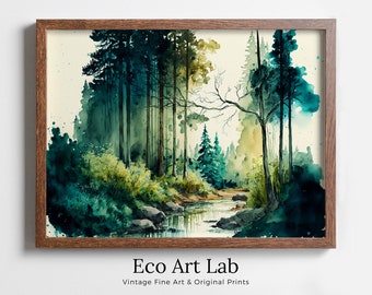 Paysage de forêt et de rivière à imprimer. Art mural imprimable. Impression de peinture à l'aquarelle d'arbres de la forêt verte. Art numérique. Décor naturel. Art de la forêt
