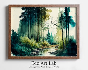 Forest & River Landscape Printable. Printable Wall Art. Green Forest Trees Watercolor Painting Print. Digital Art. Nature Decor. Forest Art