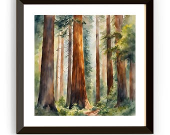 Nature Watercolor Art Printable I Sequoia Forest Wall Decor I Modern Square Home Decor