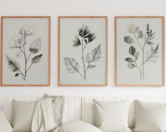 Botanical Print Set of 3. Sage Green Gallery Wall Art. Boho Wild Flowers Printable Art. Abstract Line Art. Watercolor Floral Minimalist #3