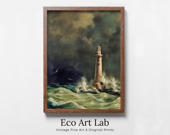 Printable Wall Art Lighthouse Painting. Lighthouse in a Storm at Sea. Nautical Wall Art, Lighthouse Vertical Poster Print. Nautical Decor